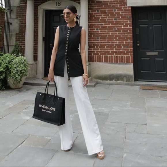 Black Cotton & Linen Crew Neck Sleeveless Button Up Front Longline Vest - Picture 14 of 14